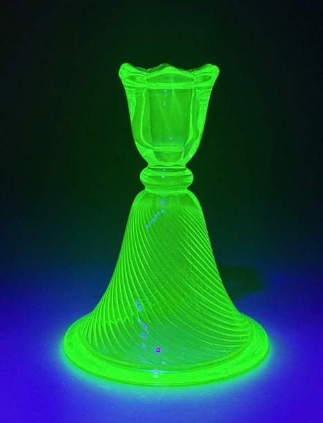 A Uranium Vaseline Glass Candlestick Holder with S (1 of 6)
