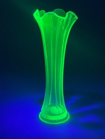 A Uranium Green Glass Ribbed Trumpet Vase with Ruf