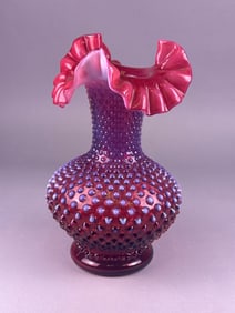 Fenton Cranberry Opalescent Hobnail Ruffled Vase