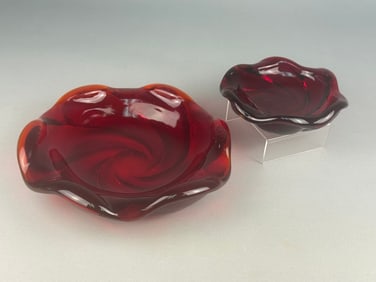 A Pair of Fenton Ruby Red Cadmium Glow Swirl Bowls