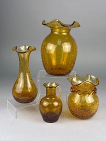 A Collection of Vintage Amber Crackle Glass Vases