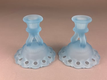 A Pair of Westmoreland Doric Blue Satin Glass Cand