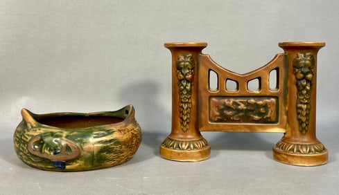 A Roseville Florentine Gate Double Bud Vase and a