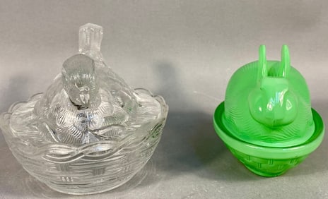 A Pair of Clear Glass 'Hen on Nest' and Green Glas