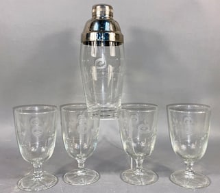 A Set of Five Vintage Etched Glass Cocktail Shaker