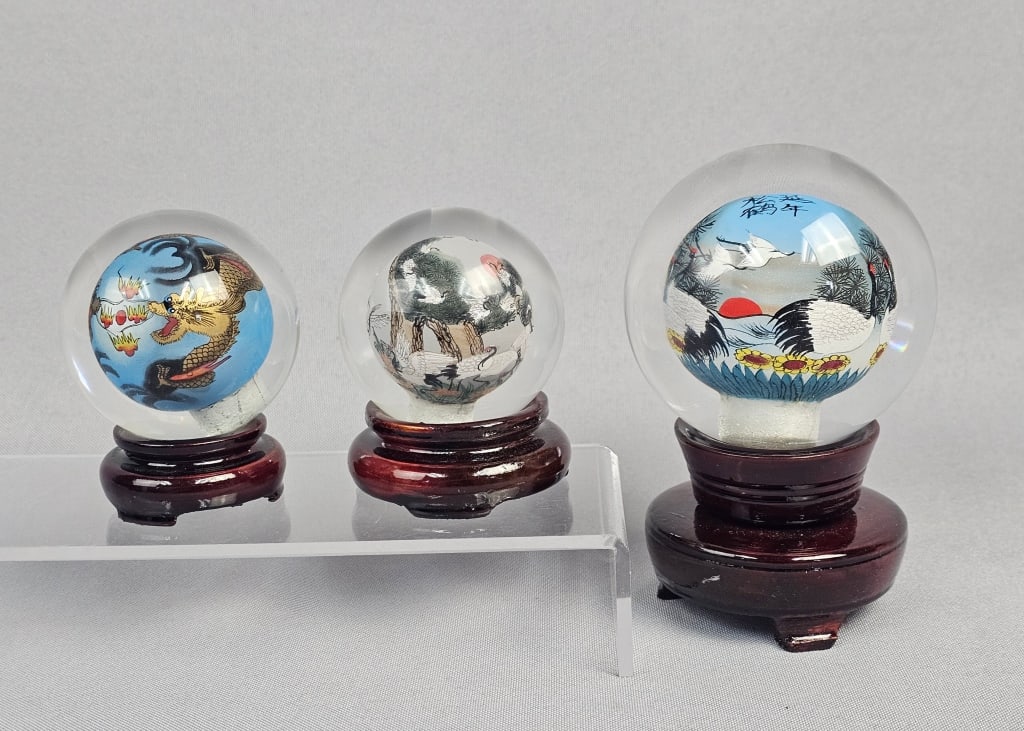 Three Chinese Reverse Hand-Painted Glass Balls wit (1 of 12)