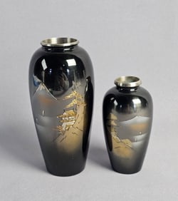 A Pair of Japanese Mixed Metal Chased Vases