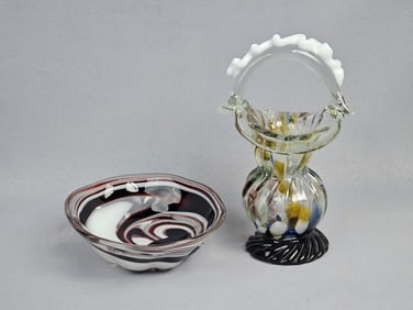A Pair of Murano Style Blown Art Glass Basket and