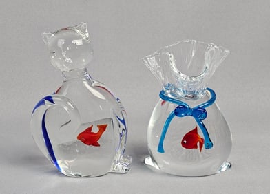 A Pair of Art Glass Figurines: A Cat with Goldfish