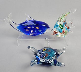 Three Murano Style Millefiori Art Glass Fish and S
