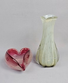 A Pair of Murano Style Pieces Including an Art Glass Vase and Dish
