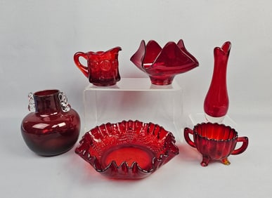 A Collection of Six Ruby Red Glass Items, includin