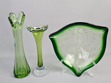 Three Murano-Style Mid-Century Modern Green Art Gl