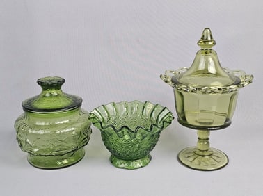 Three Pieces of Imperial Glass Green Pressed Glass
