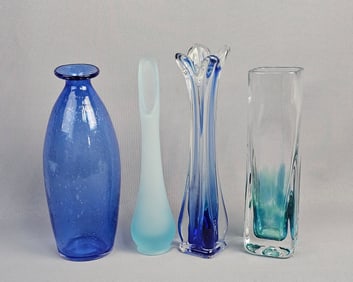 A Collection of 4 Blue Modern Art Glass Vases