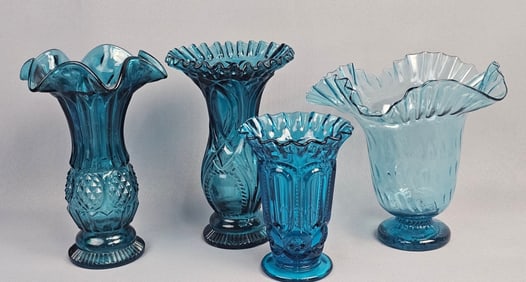 A Group of Four Fenton Teal Pressed Glass Vases