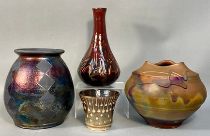 A Group of Four Modern Raku Art Pottery Vases and
