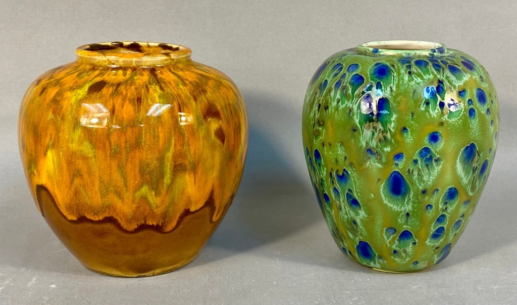 A Pair of Glazed Ceramic Drip Glaze Vases, one sig (1 of 5)