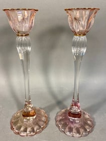 A Pair of Vintage Rose-Pink and Clear Glass Candle
