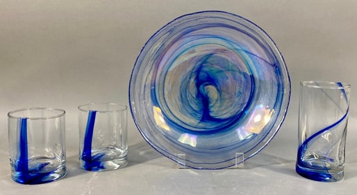 A Cobalt Blue Swirl Art Glass Bowl and Three Tumbl