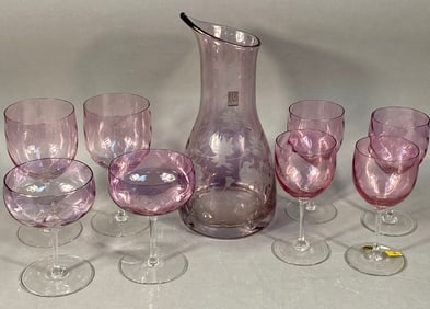 A Collection of Iridescent Pink-Purple Glassware,