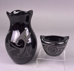 A Pair of Navajo Native American Blackware Pottery