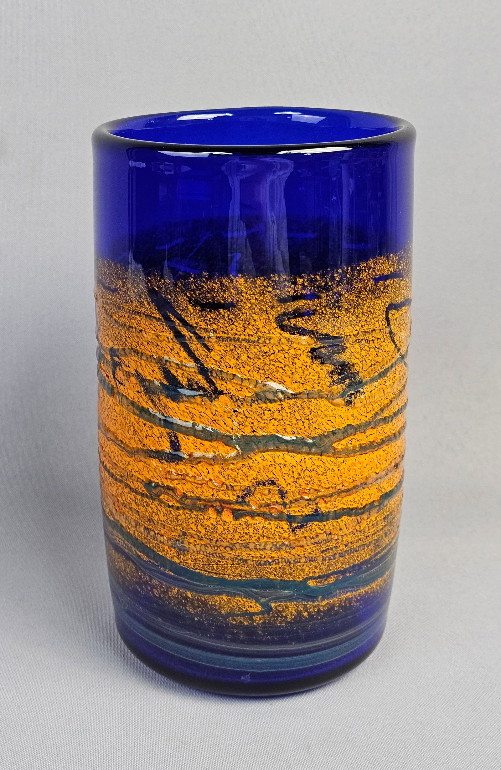 Signed McKinney Studio Art Glass Cobalt Cylinder Vase, Dated 1993