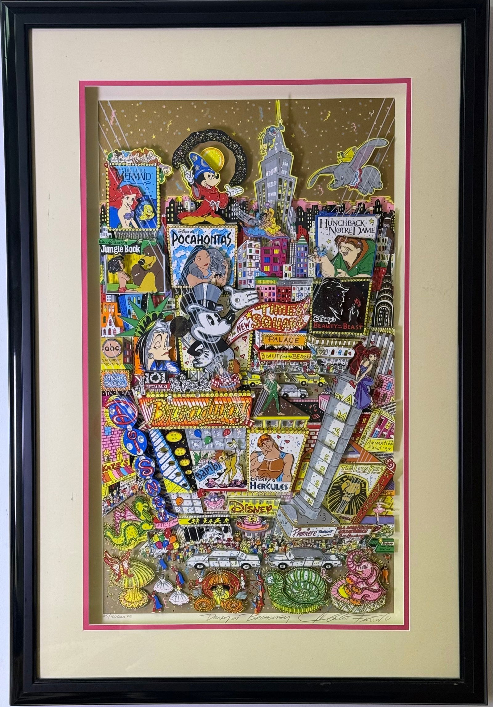 Charles Fazzino (b. 1955) 'Disney on Broadway' 3D Graphic, 1998, Deluxe Premiere Edition 85/100: A 3D graphic by Charles Fazzino titled 'Disney on Broadway', dated 1998. This multi-layered pop art graphic depicts a vibrant Broadway or Times Square scene, featuring numerous Disney animated film ch
