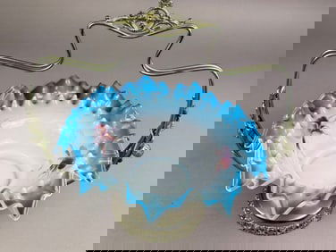 Victorian Aesthetic Movement Bride's Basket with Austrian Opalescent Hand-Painted Glass Bowl