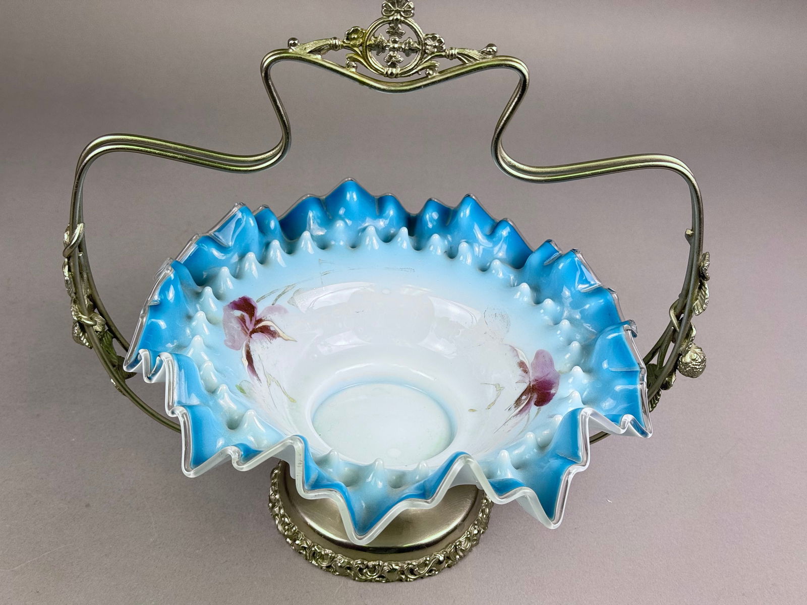 Victorian Aesthetic Movement Bride's Basket with Austrian Opalescent Hand-Painted Glass Bowl (1 of 7)