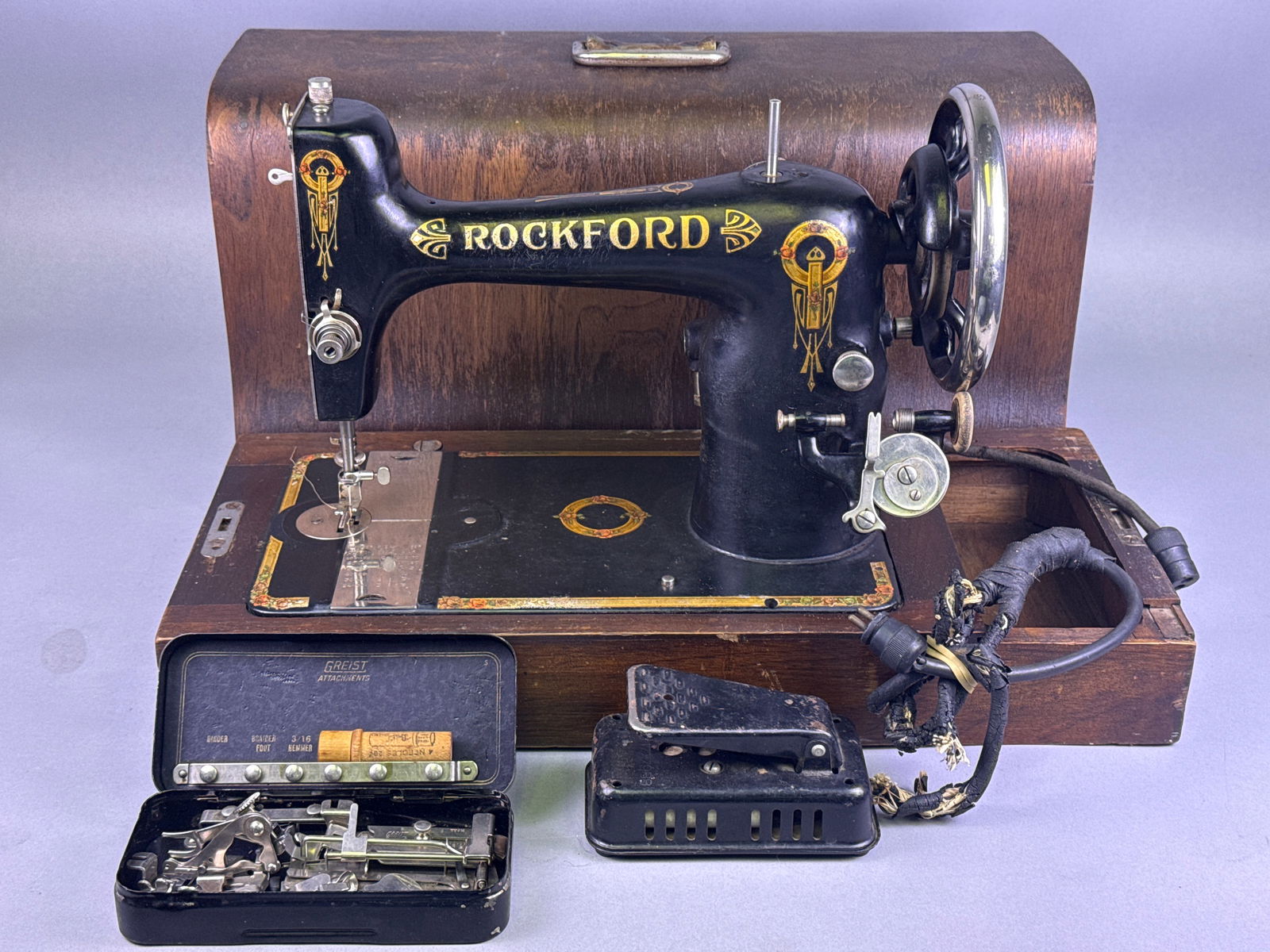 Rockford Electric Sewing Machine with Bentwood Case and 12 Greist Attachments (1 of 12)