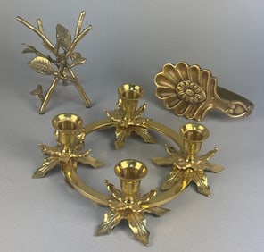 A Trio of Brass Holly Leaf Candle Holders and Decorative Items
