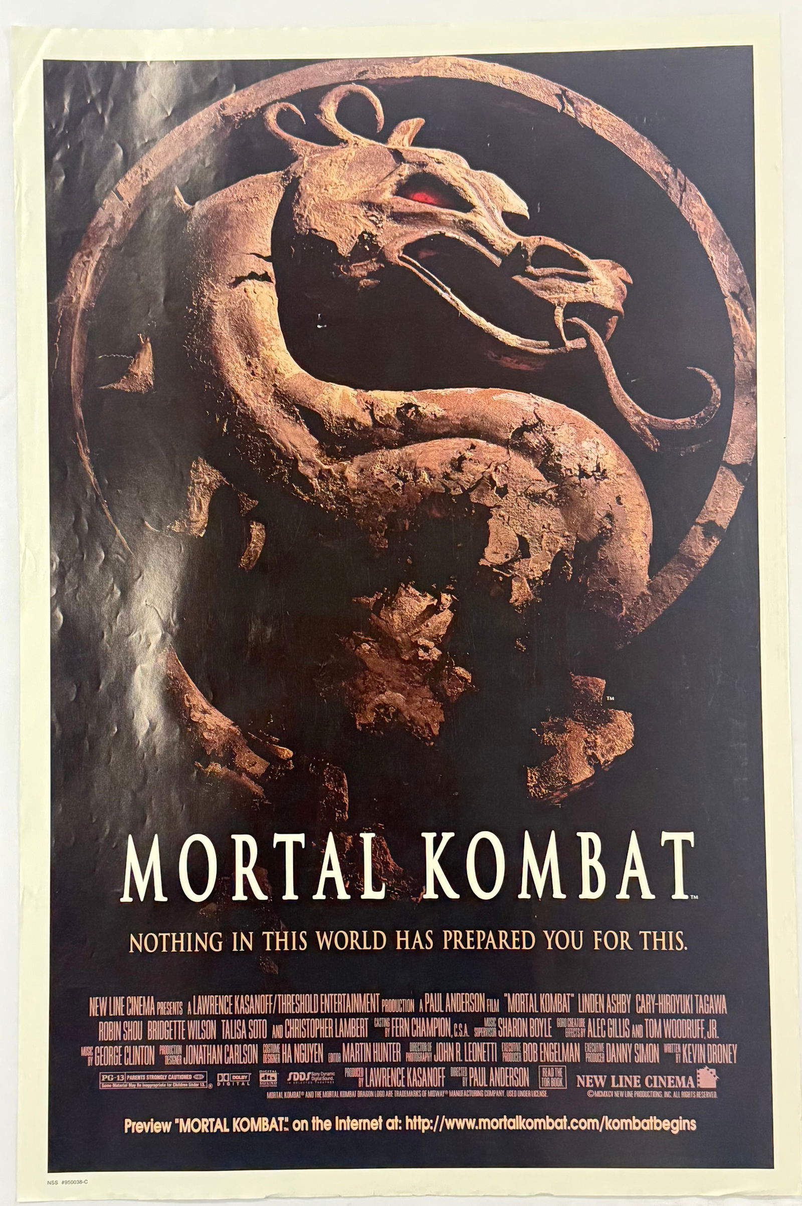 Original 1995 Theatrical Movie Poster for Mortal Kombat: A late 20th-century theatrical movie poster for the 1995 New Line Cinema film Mortal Kombat. The poster is printed on heavy paper stock and features the film's iconic dragon logo rendered in a texture