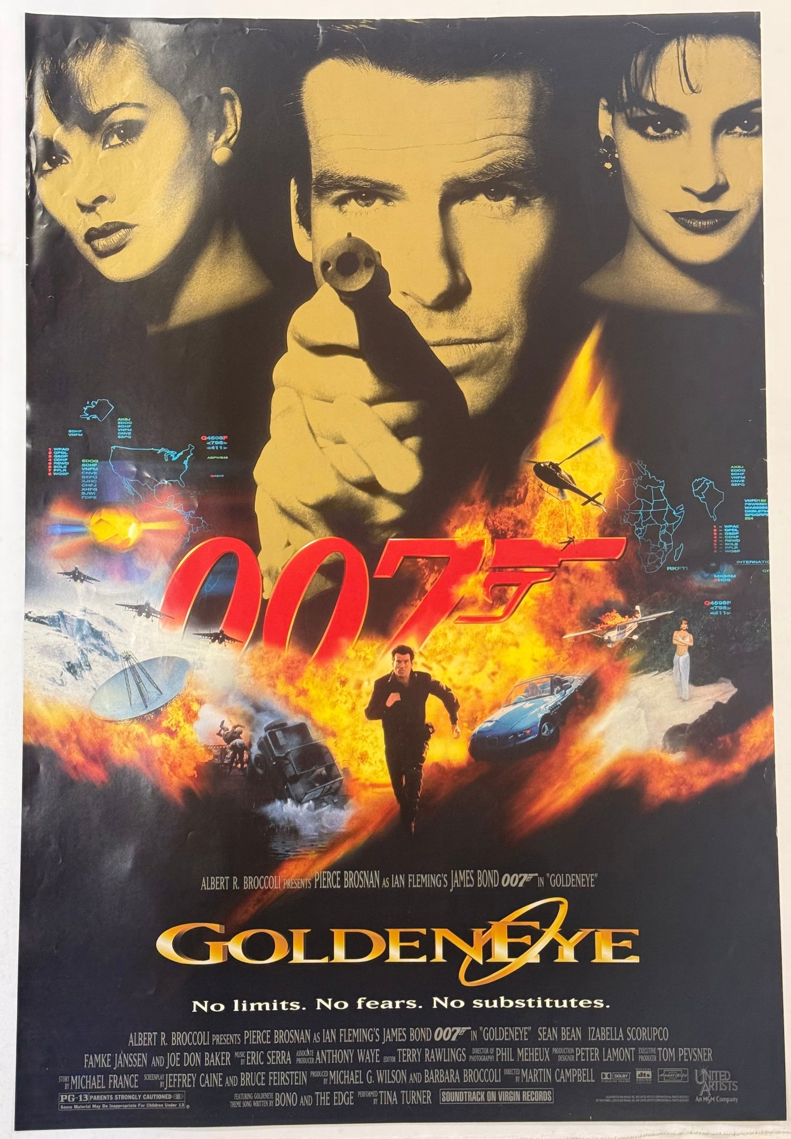Original 1995 James Bond GoldenEye US One Sheet Movie Poster: An original vintage movie poster for the 1995 James Bond film GoldenEye, starring Pierce Brosnan. This item is identified as a US One Sheet format, printed on paper stock. The design features a centra