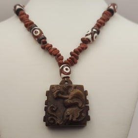 Carved Stone Dragon Tibetan Dzi Eye Agate Beads