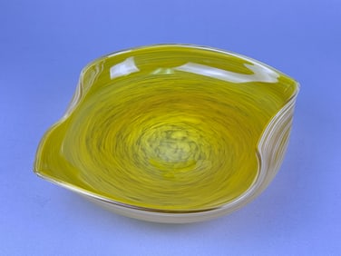 A Mid-Century Modern Blown Art Glass Ruffled Bowl, Lime Green Swirl
