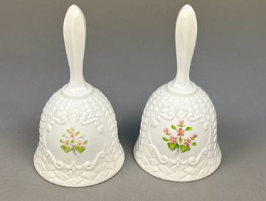 A Pair of Fenton Violets in the Snow Medallion Milk Glass Hand Bells