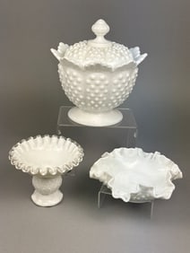 A Trio of Fenton Hobnail White Milk Glass Tableware
