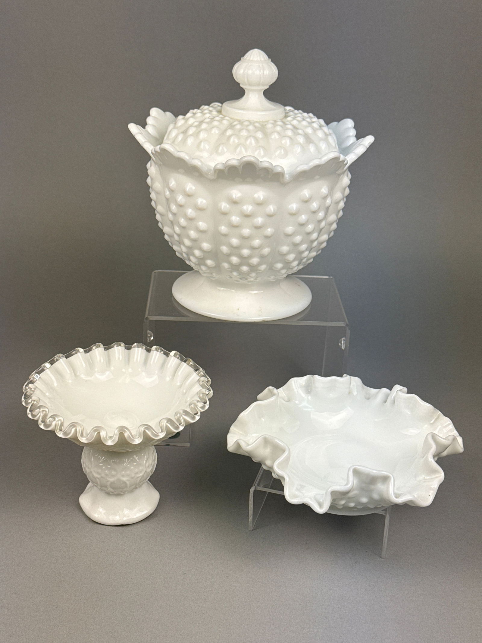 A Trio of Fenton Hobnail White Milk Glass Tableware (1 of 8)