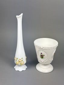 A Pair of Fenton Hand-Painted Milk Glass Vases and Medallion Compote