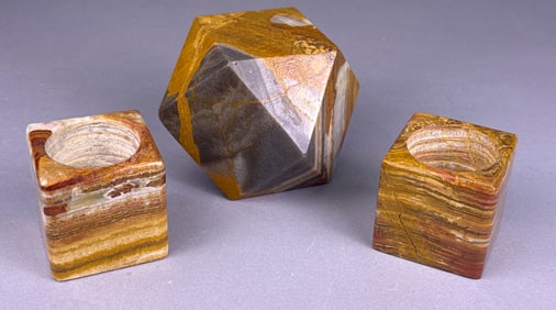 A Trio of Polished Tiger Iron Stone Decorative Objects