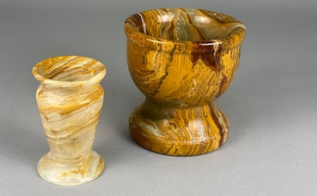 A Duo of Polished Banded Onyx Marble Decorative Vessels