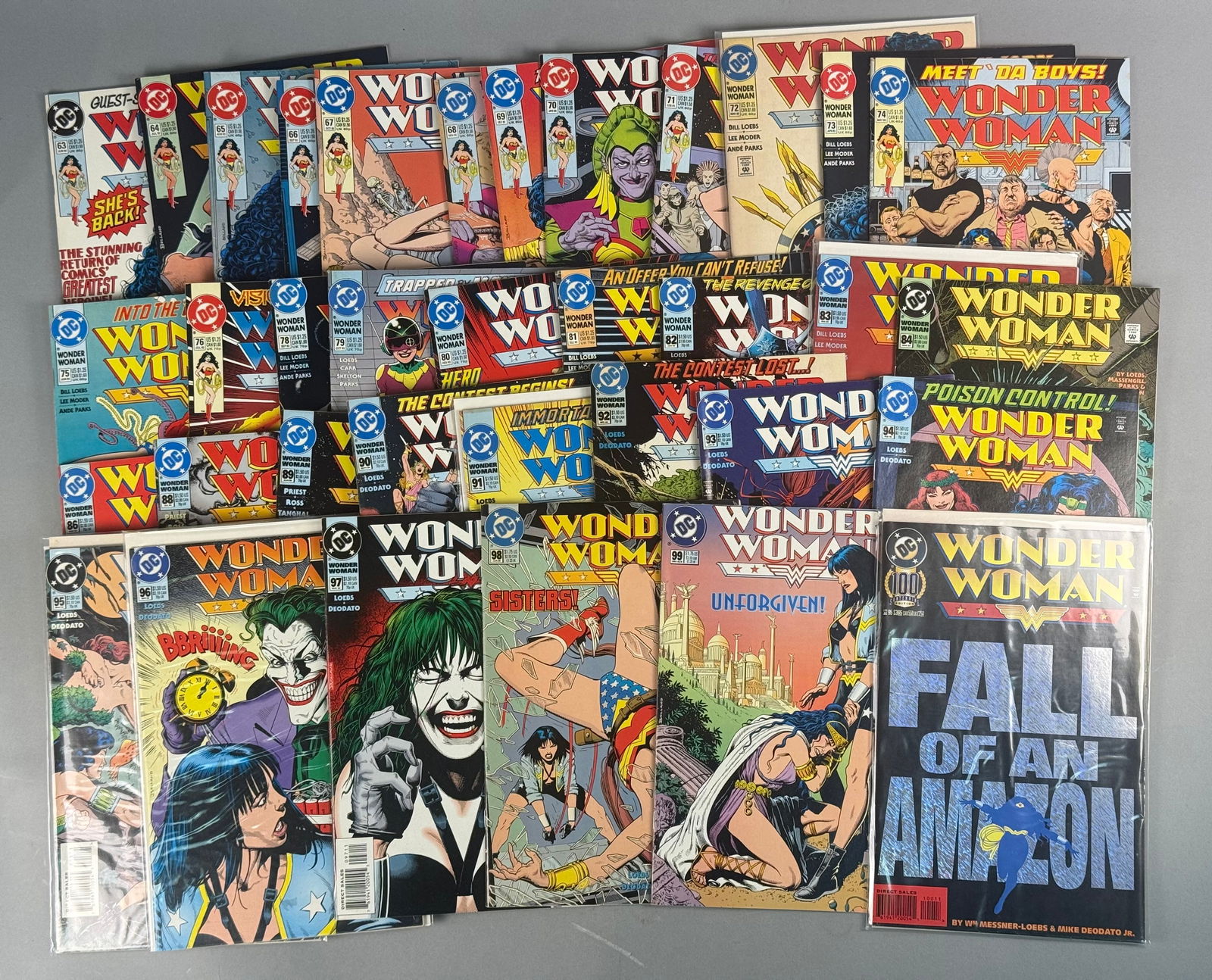 A Collection of 33 DC Comics Wonder Woman Volume 2 Issues #63-100: A collection of 33 individual American comic books published by DC Comics, featuring the title Wonder Woman, Volume 2. The lot comprises a partial run spanning issues from #63 through #100, dating pri
