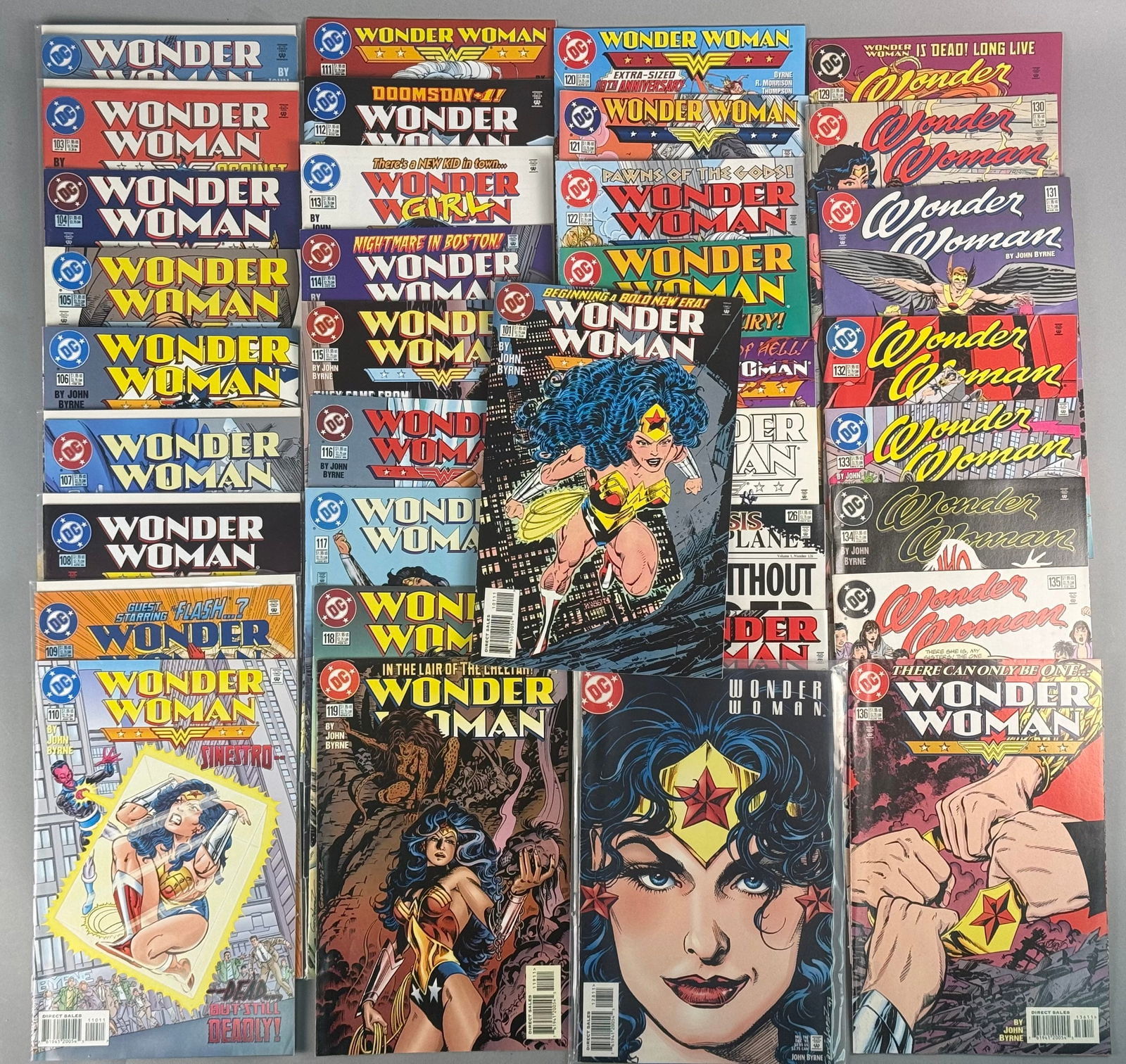 A Collection of 36 Wonder Woman DC Comics, John Byrne Run, Issues #101-136: A Collection of 36 Modern Age DC Comics books from the title Wonder Woman, Volume 2 (1986-2006). This lot primarily spans issue numbers 101 through 136, covering the majority of the influential run by