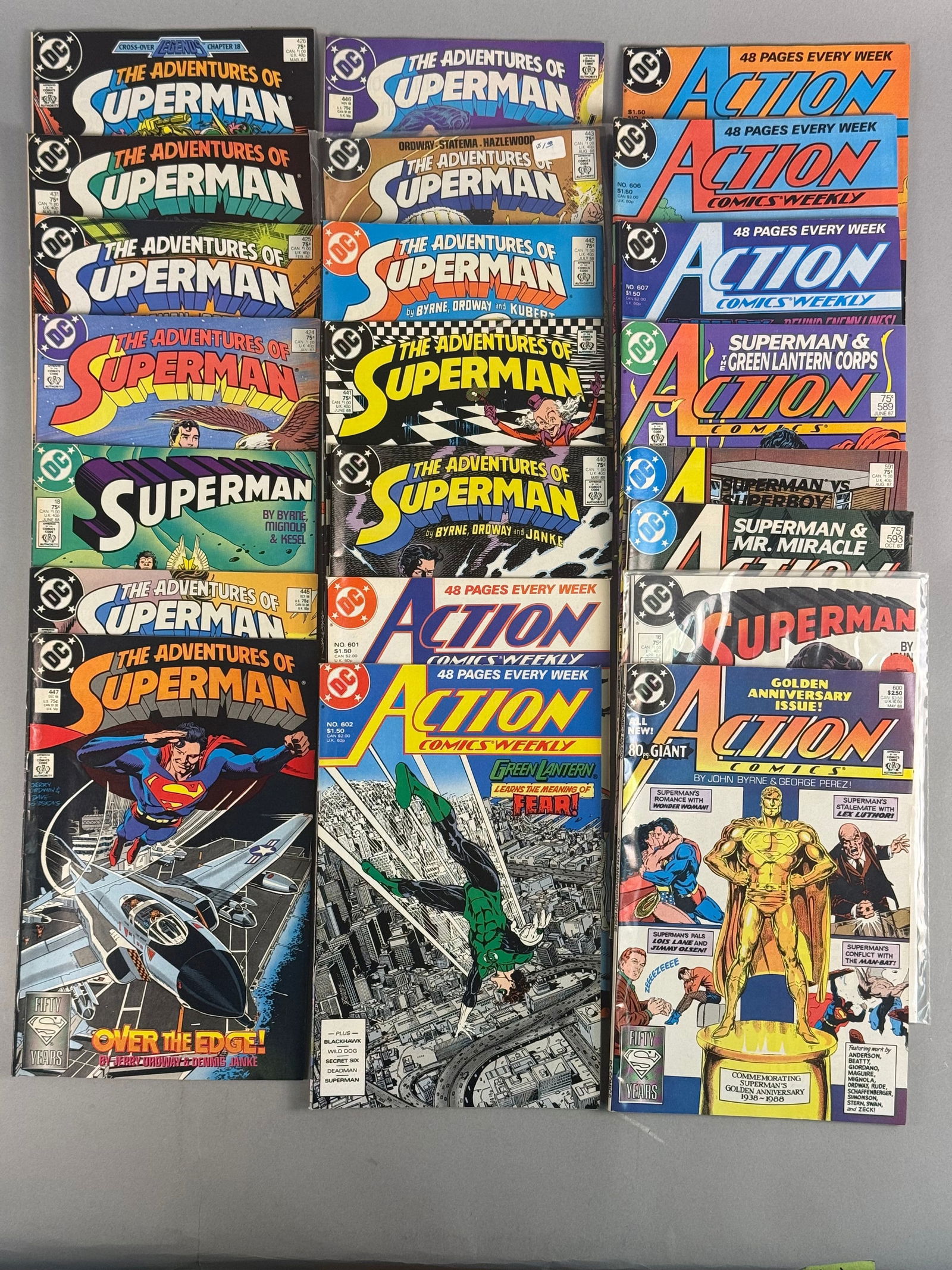 A Collection of 16 DC Comics Modern Age Superman and Action Comics Issues: A collection of sixteen (16) American Modern Age comic books published by DC Comics, predominantly featuring the Superman franchise. The lot includes issues from the titles Action Comics and The Adven