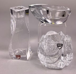 A Trio of Orrefors Swedish Crystal Items Including Residence Bowl and Candlestick