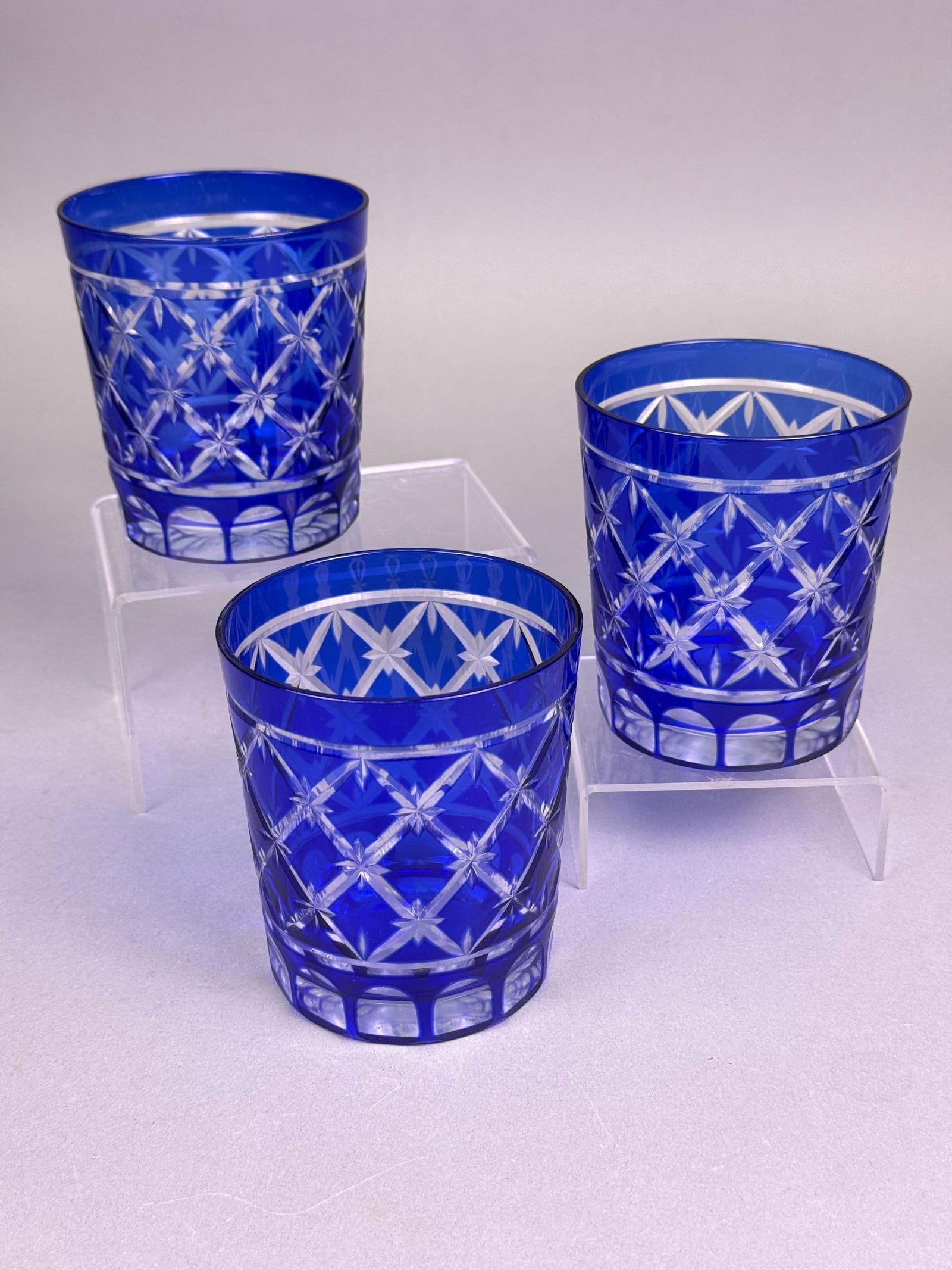 A Collection of Six Blue Glass Items, Including Three Japanese Kiriko Style Overlay Tumblers and (1 of 7)