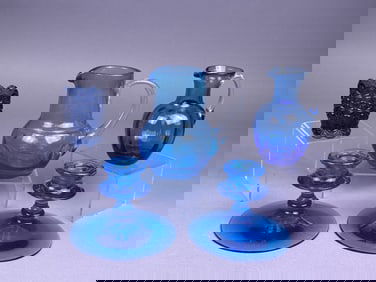 A Collection of Five Blenko Style and Pressed Blue Art Glass Items