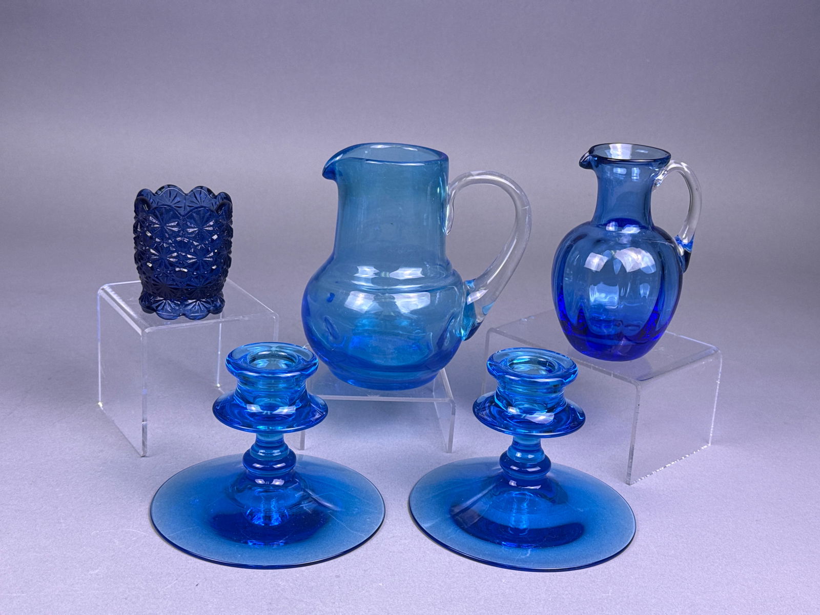 A Collection of Five Blenko Style and Pressed Blue Art Glass Items (1 of 6)