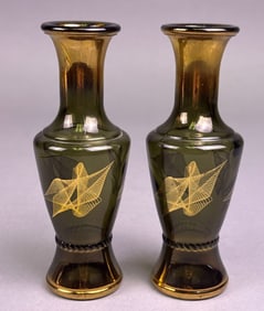 A Pair of Wheaton Ware Mid-Century Green Glass Bud Vases with Gilt Decoration